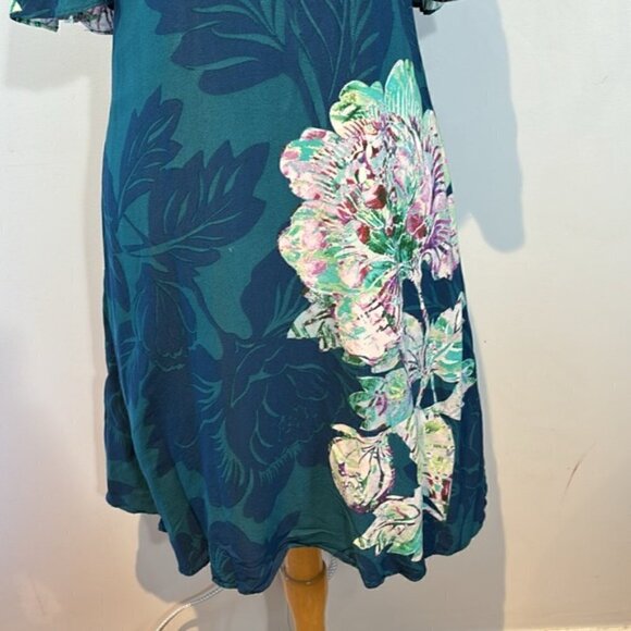 Maeve Anthropologie Elia Floral Print Cold Open Shoulder Dress Size 8 Teal Blue - Picture 4 of 10
